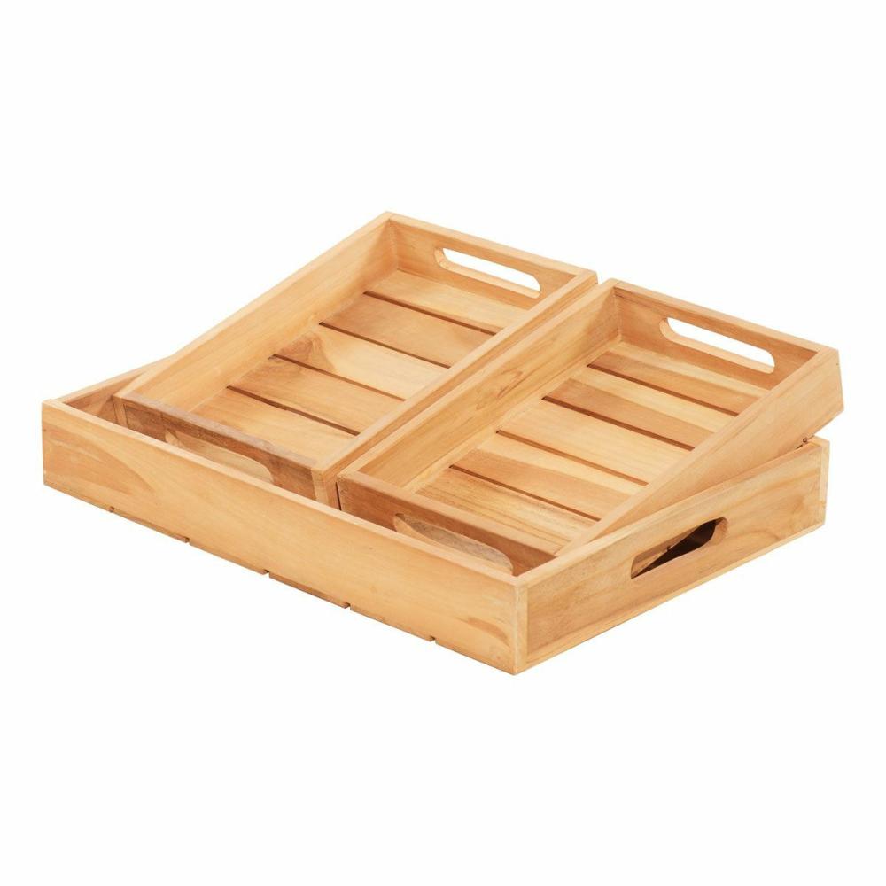 Brown Teak Wood Tray Set Decor & Accents