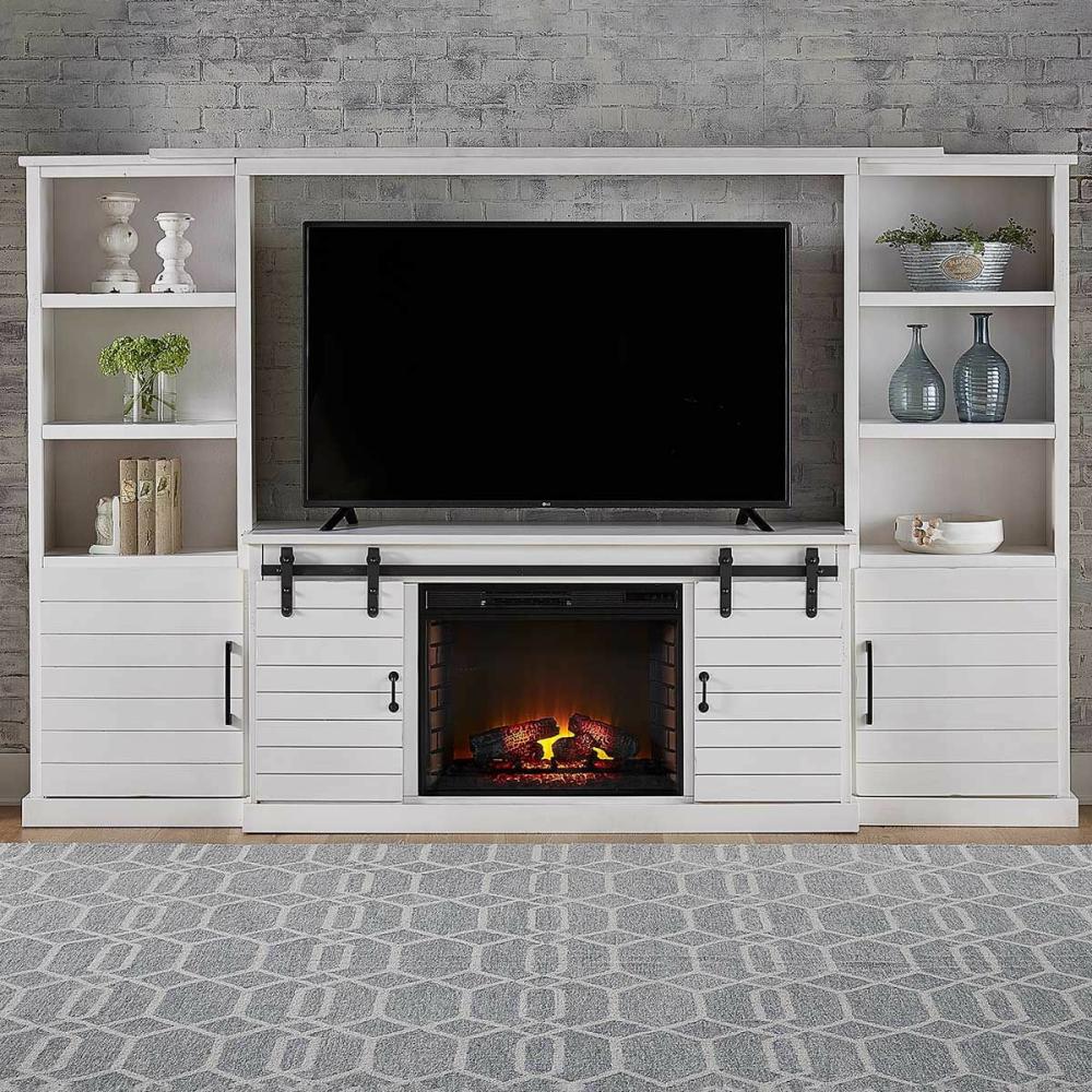 Farmhouse White Fireplace 4 Piece Entertainment Center Home Entertainment